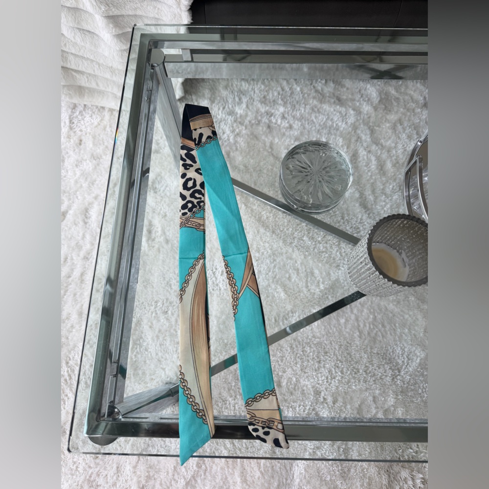 Turquoise Patterned Silk Skinny Scarf
